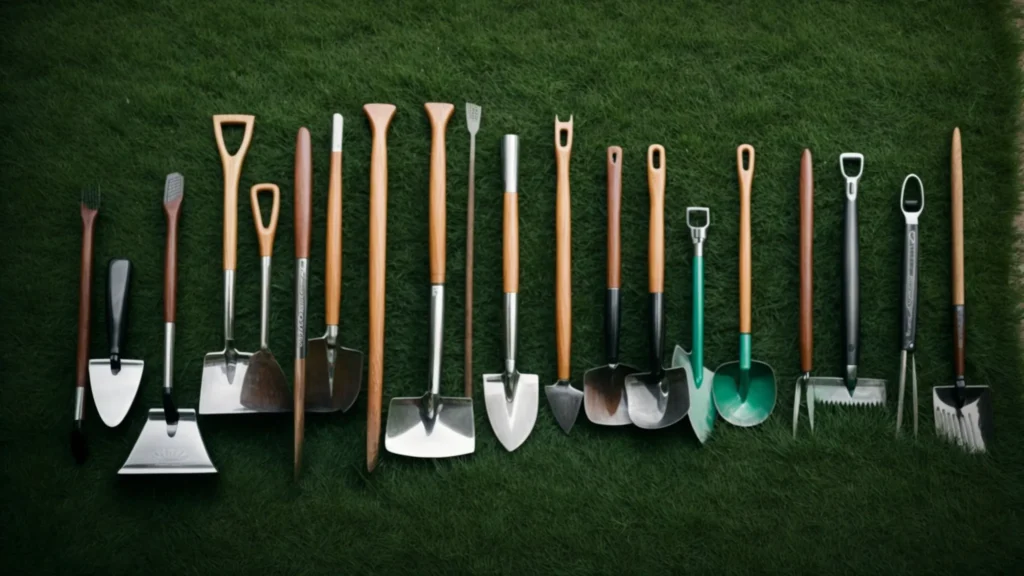 a variety of gardening tools, including shovels and rakes, neatly arranged on lush green grass.