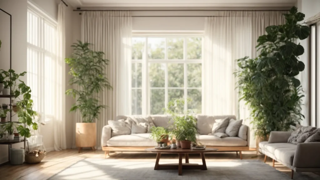 a bright, clean living room with an inviting couch, well-placed plants, and natural sunlight streaming through open curtains.