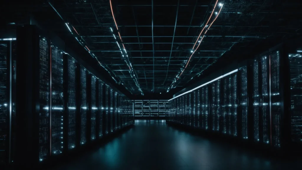 a sprawling data center filled with rows of servers and blinking lights, symbolizing the backbone of object storage in big data and ai technologies.