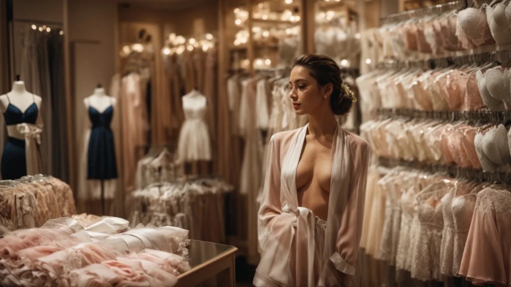 a woman thoughtfully gazes at an elegant array of lingerie displayed in a boutique.