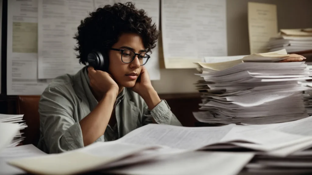 a stressed individual sitting at a desk surrounded by financial papers, consulting a tax guide.