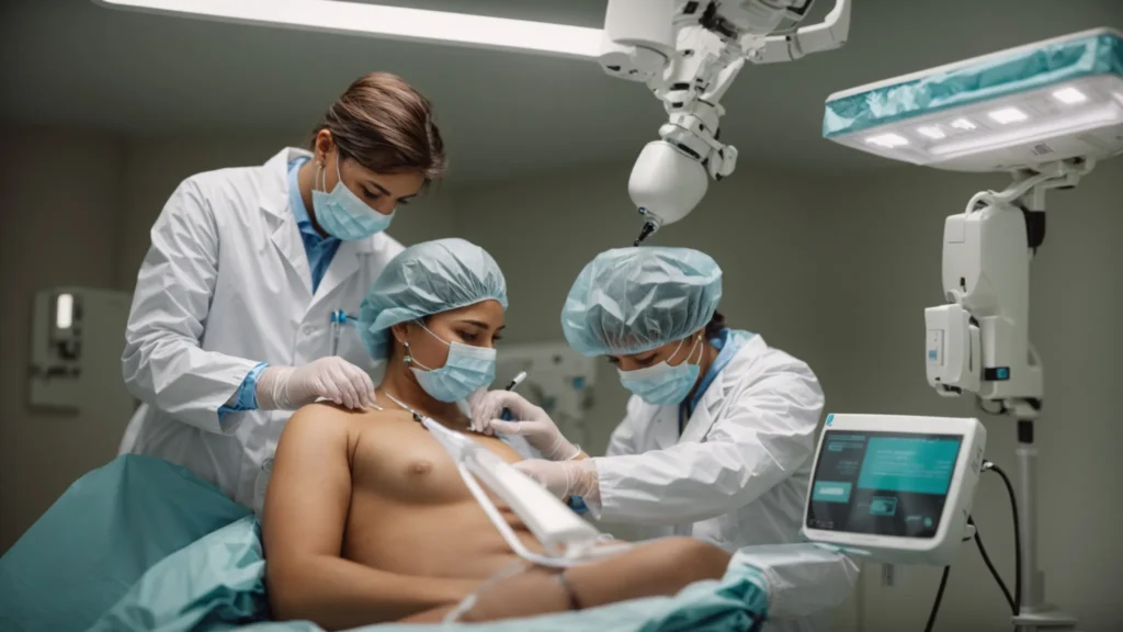 a medical professional demonstrates the use of a tenaculum during a gynecological procedure simulation.