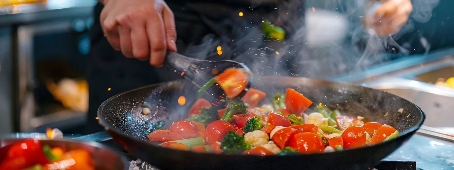 a chef tossing vegetables in a sizzling wok during a chinese cooking class in nyc.