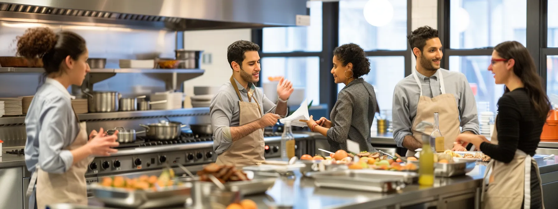 business professionals engaged in a lively discussion in a modern, state-of-the-art kitchen classroom in new york city.