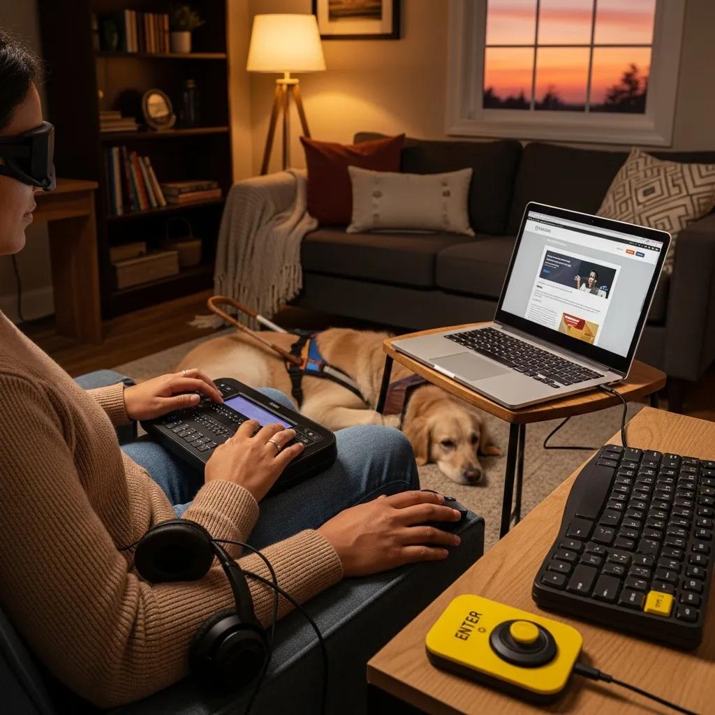 Accessibility tools including a screen reader and keyboard navigation devices in a cozy home setting
