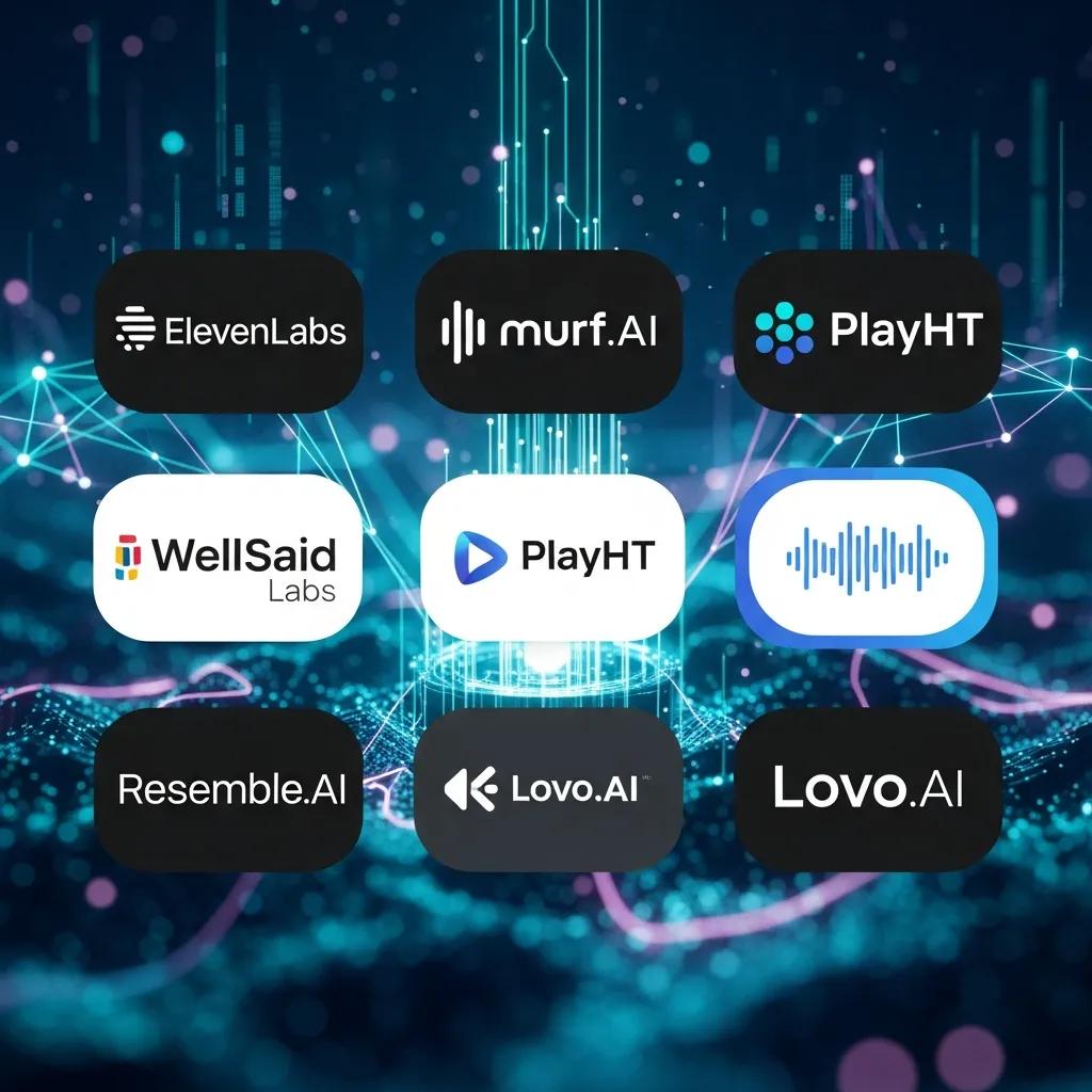Collection of logos from leading AI Text-to-Speech platforms, highlighting voice generation technology
