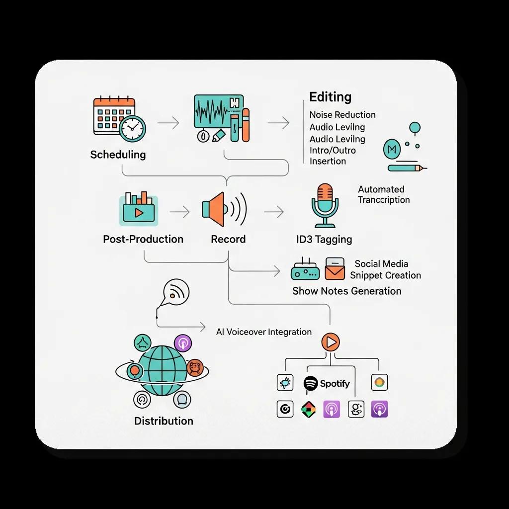 Flowchart of podcast automation workflows illustrating scheduling, editing, and distribution