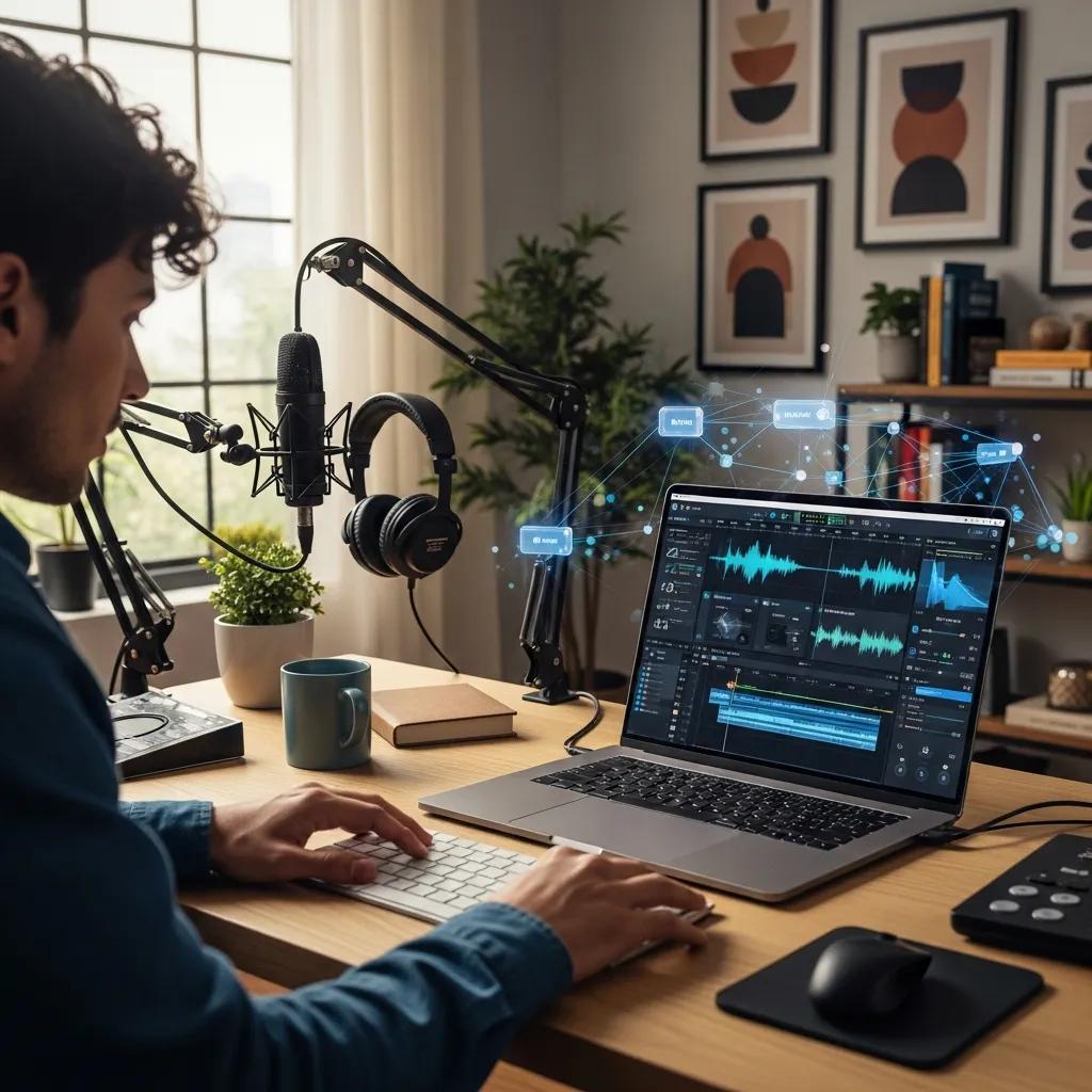 Person using AI audio editing software on a laptop in a stylish home office